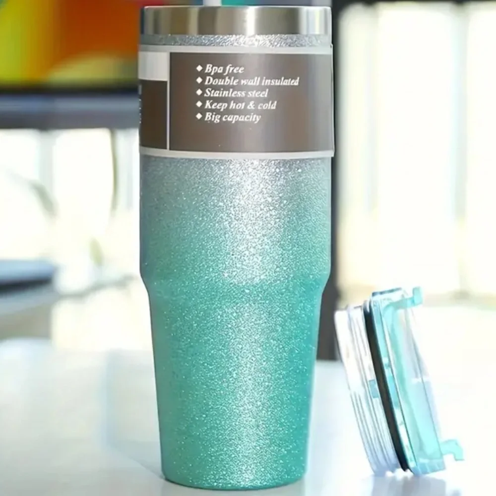 Blue/Green Teal colored Glitter 30oz Stainless Insulated Hot/Cold Cup 🥤🆕🥤
